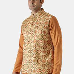 KISAH Men Yellow & Orange Printed Nehru Jacket image 3