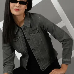 SHOWOFF Spread Collar Denim Jacket With Studded Details-image-21