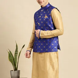 Sanwara Men Blue & Gold-Colored Printed Woven Nehru Jacket-34