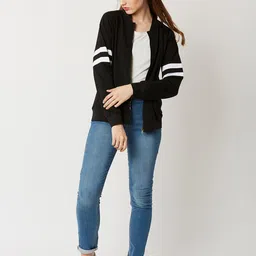 DressBerry Black Mock Collar Bomber Jacket-image-16