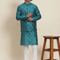 SOJANYA Men Teal Kurta with Pyjamas & Nehru Jacket image 4