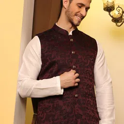 House of Pataudi Jacquard Woven Design Nehru Jacket-29