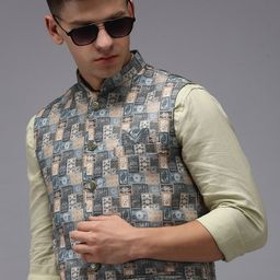 SHOWOFF Men Grey Printed Nehru Jackets-image-81