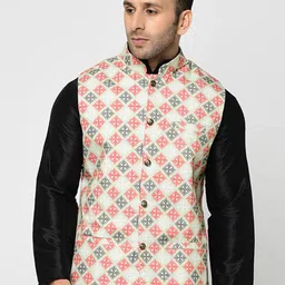 Kaifoo Men Pink & Green Printed Woven Nehru Jackets-36