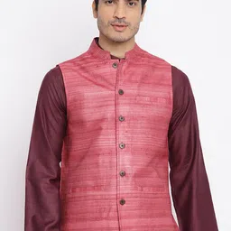 Fabindia Men Magenta Woven Design Nehru Jackets-32