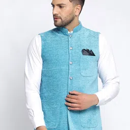 KLOTTHE Men Blue Textured Woven Nehru Jackets-2