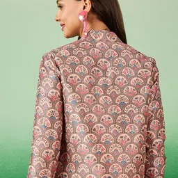 Sangria Printed Notched Lapel Collar Open Front Ethnic Jacket image 4