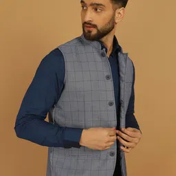even Checked Mandarin Collar Nehru Jackets image 2