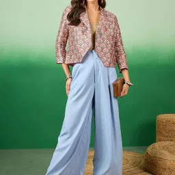 Sangria Printed Notched Lapel Collar Open Front Ethnic Jacket image 5