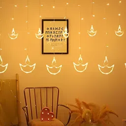 SPARK WORLD Yellow Diya Shape LED Curtain Fairy String Lights-16