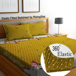 RISING STAR Yellow & White Floral 250 TC King Fitted Bedsheet with 2 Pillow Covers-image-31