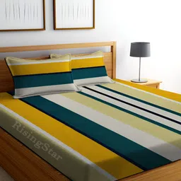 RISING STAR Yellow & Green Striped 240 TC King Bedsheet with 2 Pillow Covers-image-50