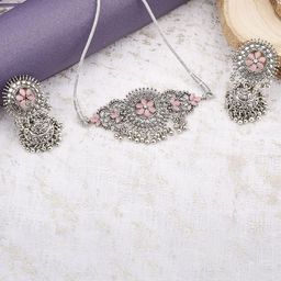 DEGHLAM Silver Plated Artificial Stones & Beads Studded Oxidised Necklace With Earrings-image-17