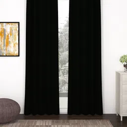 Story@Home Faux Silk Solid Solid 300GSM Black Room Darkening Blackout Long Door Curtain - Set of 2-58