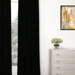 Story@Home Faux Silk Solid Solid 300GSM Black Room Darkening Blackout Long Door Curtain - Set Of 1-3