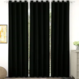 Story@Home Faux Silk Solid Solid 300GSM Black Room Darkening Blackout Long Door Curtain - Set Of 3-51