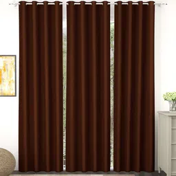 Story@Home Faux Silk Solid Solid 300GSM Brown Room Darkening Blackout Long Door Curtain - Set Of 3-20