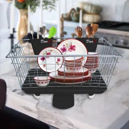 Dish Drainer Kitchen Rack Dish Drainer Kitchen Rack Basket with Black Cutlery Holder & Tray Steel-image-21