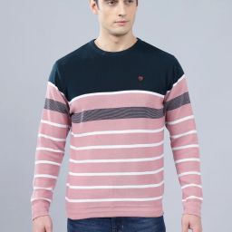 Men Striped Round Neck Pink Sweater-image-3