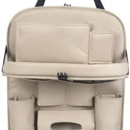 Universal Car Back Seat Organizer with Foldable Food Table Tray PU Leather Multi Pocket Backseat Storage with Tissue Box, Bottle, Tablet and Mobile Holder (Beige) Car Multi Pocket-4
