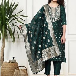 KALINI Floral Regular Chanderi Silk Kurta with Trousers & With Dupatta-image-84