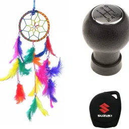 Combo Ring Handmade Beaded Down & Feather-Fill Dream Catcher For Car, Room Wall Hanging, Balcony Wool Wind-Chime Decorative Showpiece Ornament, Silicone Suzuki 2 Push Start Buttons Remote Flip Smart Key Cover And Rubber 5 Speed Manual Gear Knob Shifter Handball Head For Maruti Suzuki Swift & Swift Dzire Combo-15