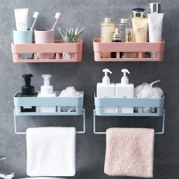 Without Drilling Bathroom Organizer (4 Shelf+2 Towel Hanger) Plastic Wall Shelf-image-48