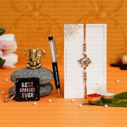 Designer DRM-RAKHI-5002 Assorted Rakhi, Key Ring, Pen, Showpiece, Chawal Roli Pack Set-image-49