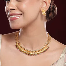 Rubans 22K Gold-Plated Ruby & Emerald Stones Handcrafted Traditional Necklace Set-image-51