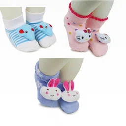 NESKA MODA 6 To 12 Months Baby Set Of 3 Pair Cotton Anti Slip Face Ankle Socks/ Booties-16