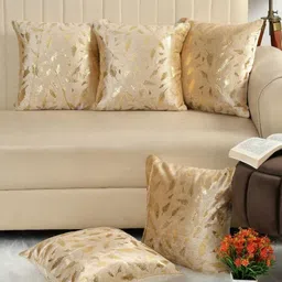 HOMECROWN Beige & Gold 5 Pieces Floral Velvet Square Cushion Covers-11