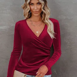 Outzidr Women Solid V-Neck Cotton Wrap Top-image-22