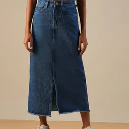 Globus Women Straight Mid-Rise Front Slit Fringed Hem Midi Skirts-image-90