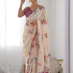 Munir Floral Printed Mirror Work Pure Georgette Saree-image-10