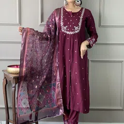 SWEETPEL Adults-Women Woven Design Embroidered A-Line Kurta with Trousers & Dupatta-picture-24