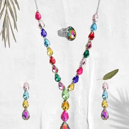 DressBerry Rhodium-Plated American Diamond & Crystal Studded Jewellery Set-15