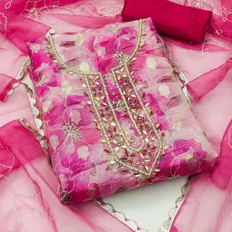 HERE&NOW Floral Printed Beads and Stones Unstitched Dress Material-image-79
