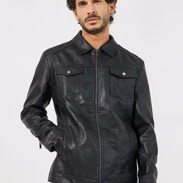 Styli Men Faux Leather Collared Utility Zip Up Jacket-image-25