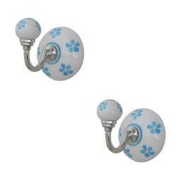 IndianShelf Turquoise Blue and White 2 Pieces Floral Printed Ceramic Wall Hooks-picture-42