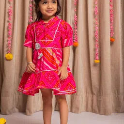 Budding Bees Girls Printed Tie-Up Neck Cotton Fit & Flare Dress-image-55