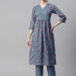 Indibelle Floral Printed V-Neck CottonA-Line Kurta-image-64