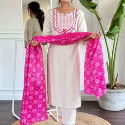 Moda Rapido Geometric Yoke Design Notch Neck Thread Work Kurta With Trousers And Dupatta-4