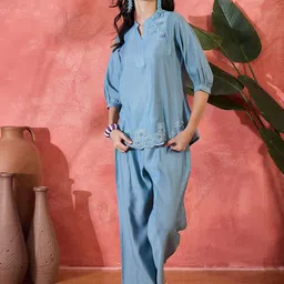 Sangria Embroidered Mandarin Collar Tunic With Trouser Co-Ords-picture-33