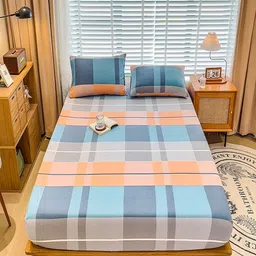 JC HOME Blue & Orange Geometric 220 TC King Bedsheet with 2 Pillow Covers-image-98