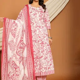 Aralia Women Floral Printed Cotton Anarkali Kurta with Trousers & Dupatta-image-30