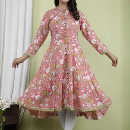 Indiwest Women Pink Floral Printed A-Line Flared Cotton Kurta-picture-10
