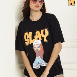 Metronaut Women Pack of 2 Typography Printed Round Neck Cotton Oversized T-shirts-image-87
