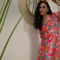 ADORNIA Floral Printed Bell Sleeves Fit and Flare Dress-image-10