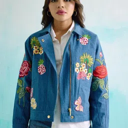 BETRUE Women Floral Asymmetric Closure Embroidered Crop Cotton Denim Jacket-46