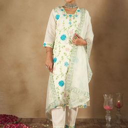 Anouk Floral Embroidered Thread Work Straight Kurta With Trousers & Dupatta-image-24